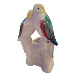 Vintage Lovebirds Planter White Pottery Two Birds White Teal Yellow Ceramic